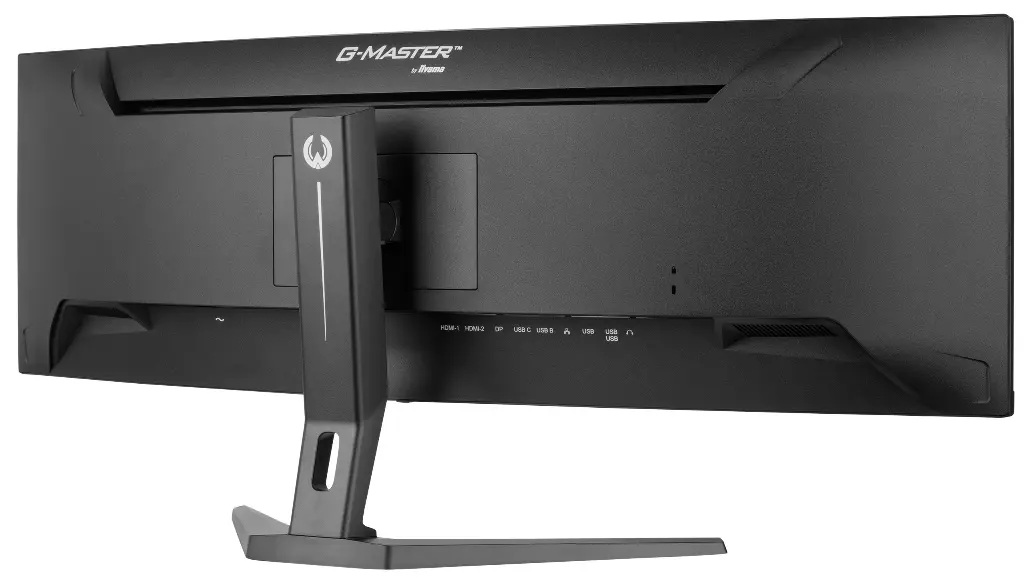 Vue arrière de trois-quarts de l'écran PC gamer incurvé iiyama G-Master montrant son pied ergonomique noir pour setup FlowUP