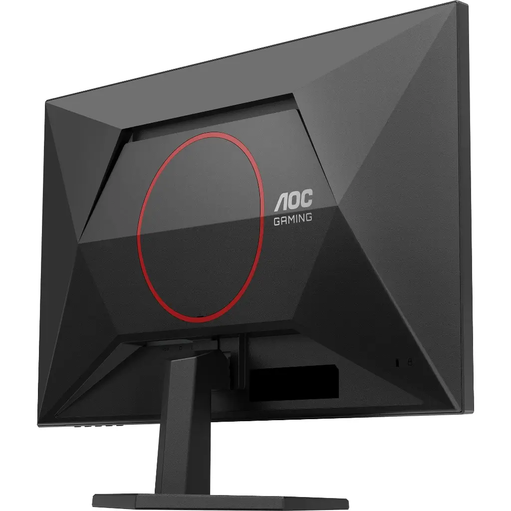 Vue arrière de l'écran PC gamer AOC montrant son châssis angulaire avec le logo AOC GAMING et un cercle rouge distinctif au centre