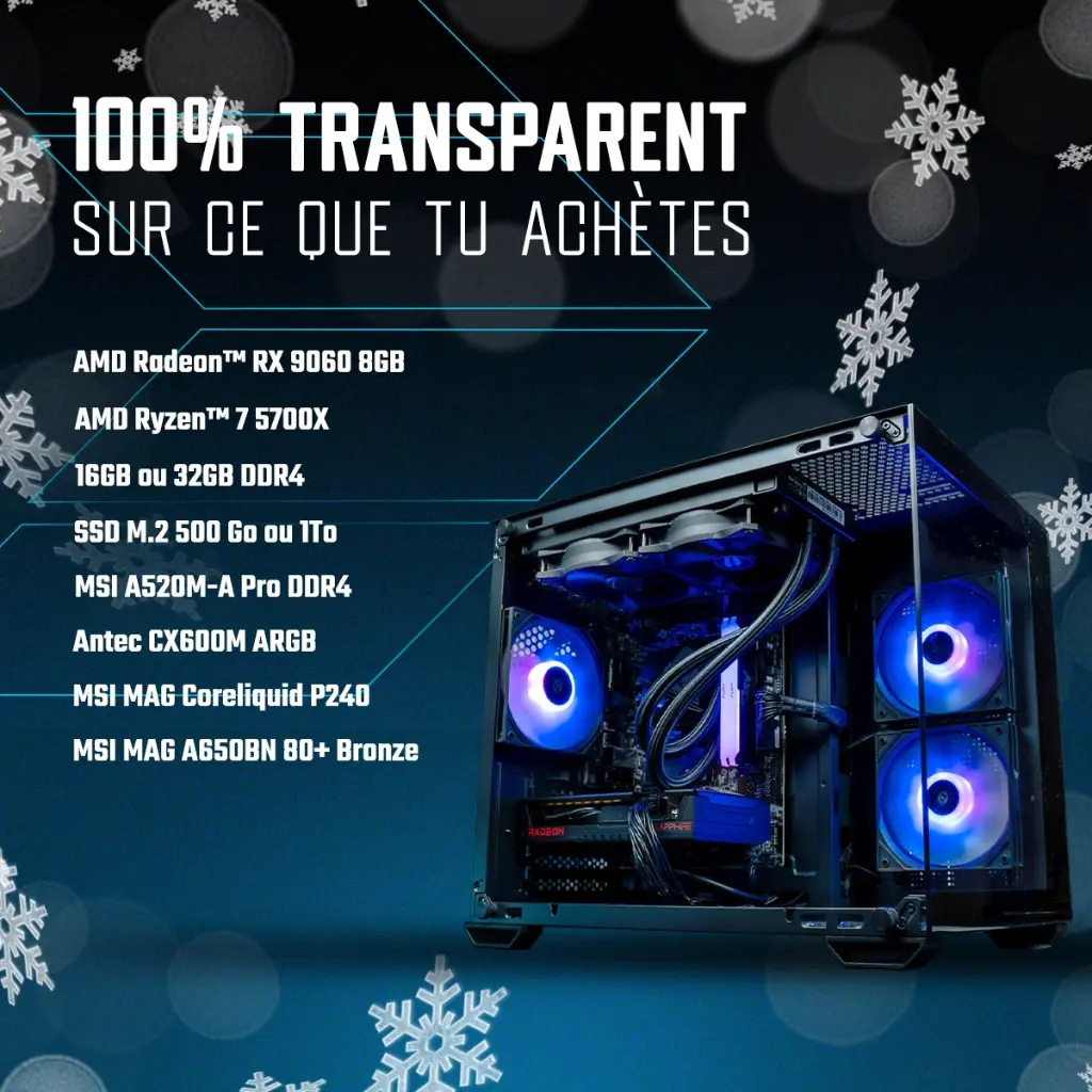 Fiche technique du PC gamer Nightwing FlowUP : AMD Radeon RX 9060 8GB, Ryzen 7 5700X, 16Go RAM et watercooling MSI MAG Coreliquid P240