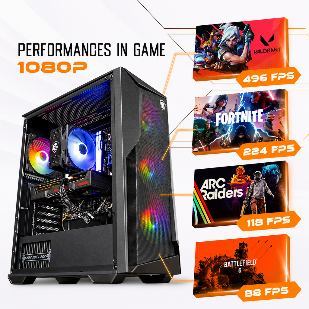 Visuel promotionnel du PC Rift RX 9060 XT affichant ses performances en 1440p : 98 FPS sur Cyberpunk, 217 FPS sur Counter Strike 2, 76 FPS sur ARC Raiders et 61 FPS sur Battlefield 6