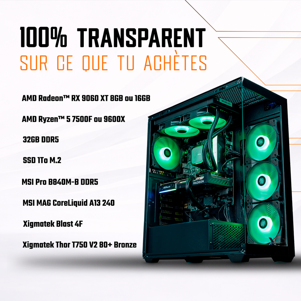 Visuel technique détaillant les composants du PC Rift RX 9060 XT : processeur AMD Ryzen 5 9600X, 32GB de RAM DDR5, SSD 1To M.2 et système de refroidissement Arctic Liquid Freezer III 240 ARGB