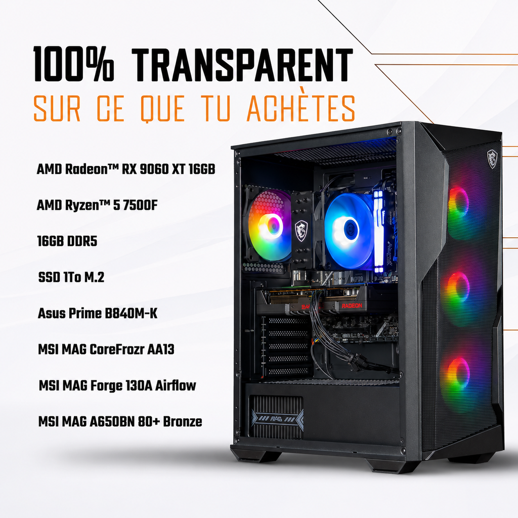 Visuel technique détaillant les composants du PC Rift RX 9060 XT : processeur AMD Ryzen 5 9600X, 32GB de RAM DDR5, SSD 1To M.2 et système de refroidissement Arctic Liquid Freezer III 240 ARGB