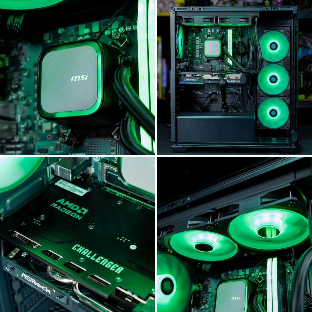 Vue multi-angles de l'intérieur du PC Rift RX 9060 XT : gros plan sur la carte graphique Sapphire Radeon, le waterblock Arctic éclairé en rouge, les barrettes de RAM Corsair Vengeance et les trois ventilateurs de façade RGB rouges