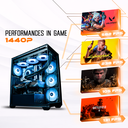 Visuel promotionnel du PC gamer montrant ses performances en 1440p : 582 FPS sur Valorant, 238 FPS sur Cyberpunk 2077, 105 FPS sur Black Myth Wukong et 131 FPS sur Battlefield 6