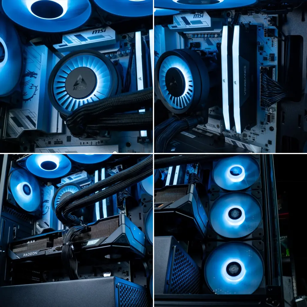 Détails montage PC Gamer FlowUP avec watercooling Arctic, RAM Corsair Vengeance RGB et carte mère MSI blanche