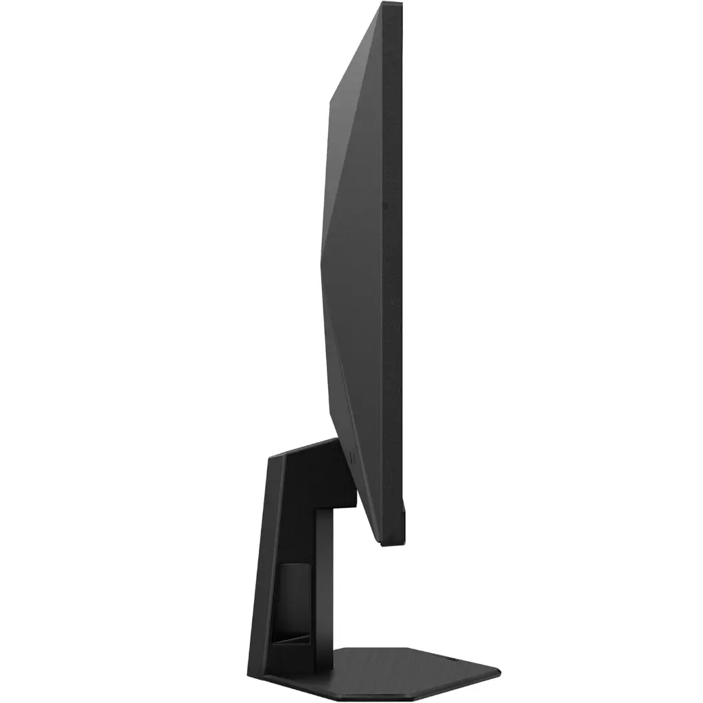 Vue de profil de l'écran PC gamer AOC 25G4SRE montrant la finesse de sa dalle noire mate et son pied de support robuste sur une base hexagonale