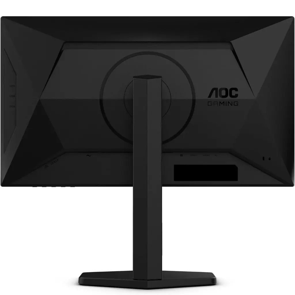 Vue arrière de l'écran PC gamer AOC 25G4SRE montrant son châssis noir angulaire avec le logo AOC GAMING et un hub USB intégré sur le côté gauche
