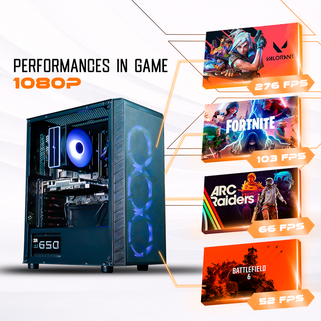 Performances du PC gamer Bengal FlowUP : benchmarks FPS en 1080p sur Valorant, Fortnite et Battlefield