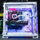 Vue intérieure RGB du PC gamer Mountain GeForce RTX™ 5080 blanc avec watercooling 360mm 32Go DDR5 SSD 2To configuration gaming 4K