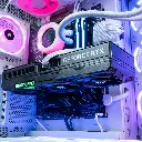 Carte graphique GeForce RTX RGB rose et bleu dans PC gamer Mountain GeForce RTX™ 5080 blanc configuration gaming 4K ultra hautes performances