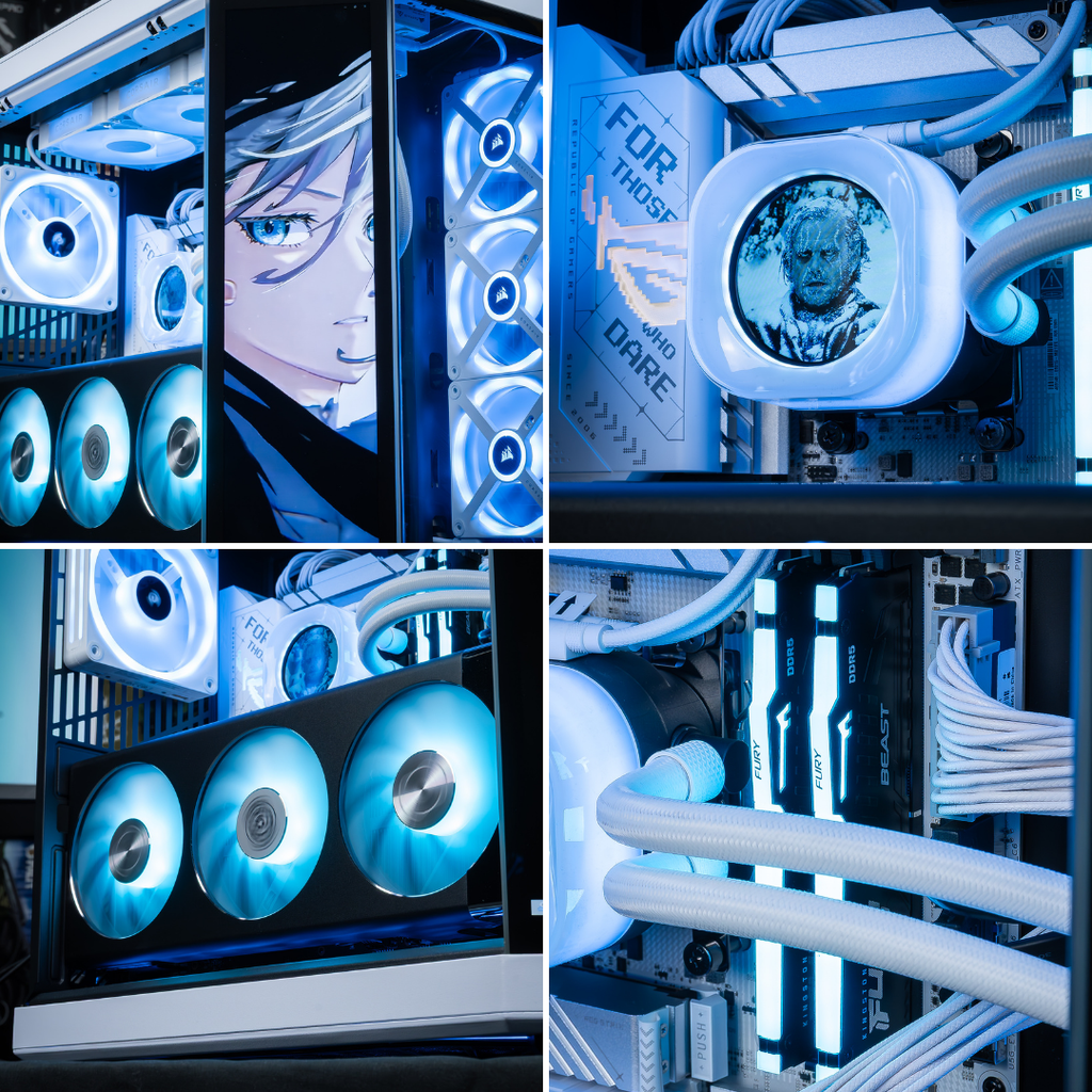 Quatre vues du PC gamer Touch Ultimate GEFORCE RTX™ 5080 montrant l'écran LCD, le watercooling blanc et la RAM DDR5