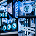 Quatre vues du PC gamer Touch Ultimate GEFORCE RTX™ 5080 montrant l'écran LCD, le watercooling blanc et la RAM DDR5