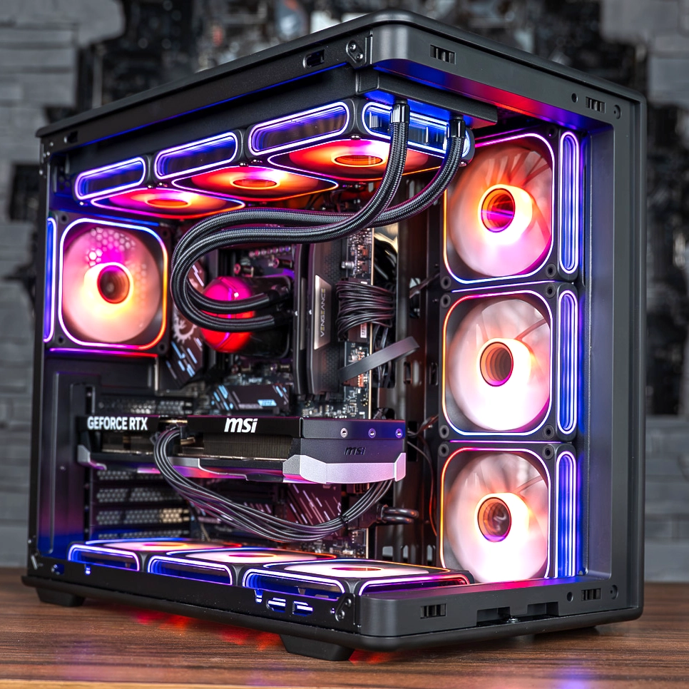 Vue latérale du PC gamer Ascent X3D GEFORCE RTX™ 5080 avec boîtier NZXT, panneau en mesh et éclairage ARGB bleu