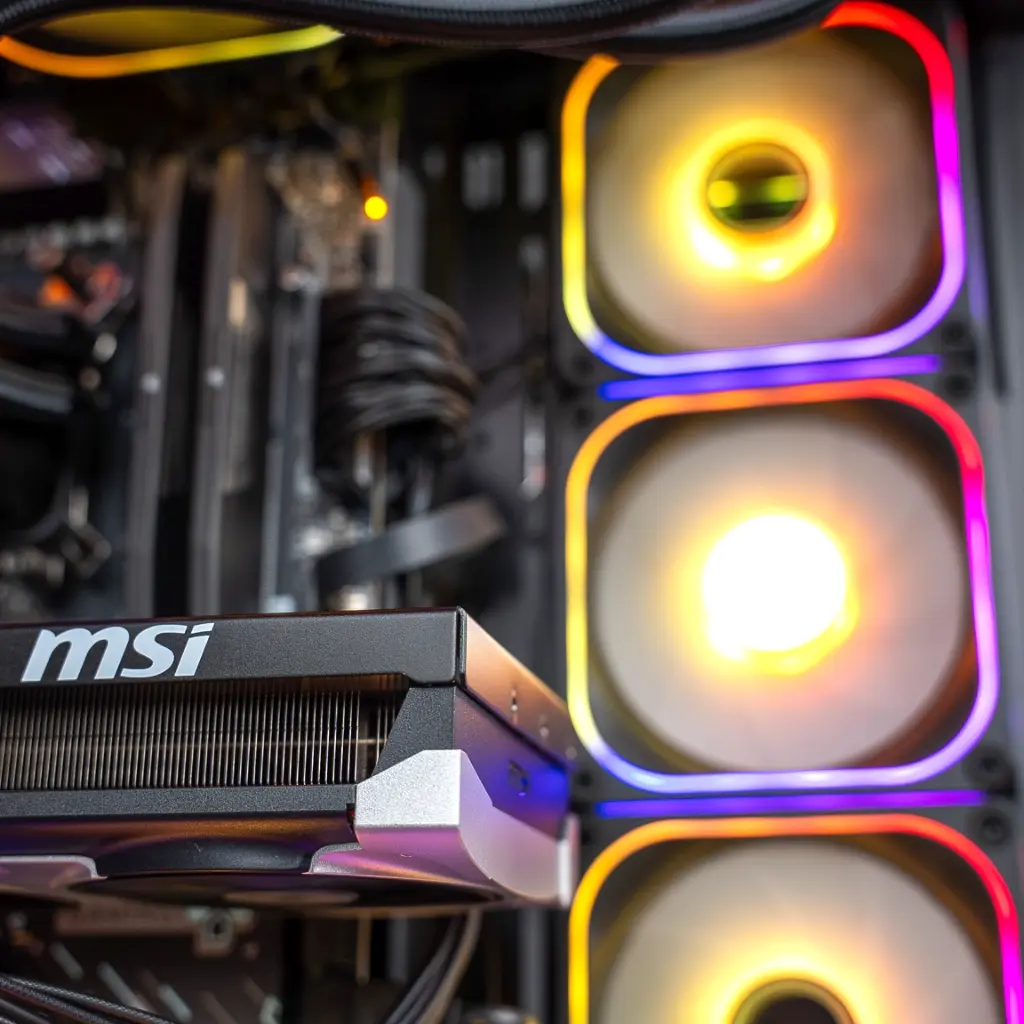 Vue rapprochée de la carte graphique installée horizontalement dans le PC gamer Ascent X3D GEFORCE RTX™ 5080 avec câbles d'alimentation et éclairage ARGB bleu