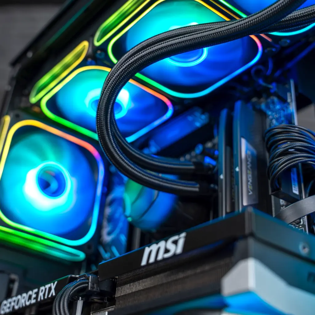Vue rapprochée de la carte graphique MSI GEFORCE RTX™ installée dans le PC gamer Ascent X3D GEFORCE RTX™ 5080 avec câbles d'alimentation gainés et watercooling Arctic Liquid Freezer III
