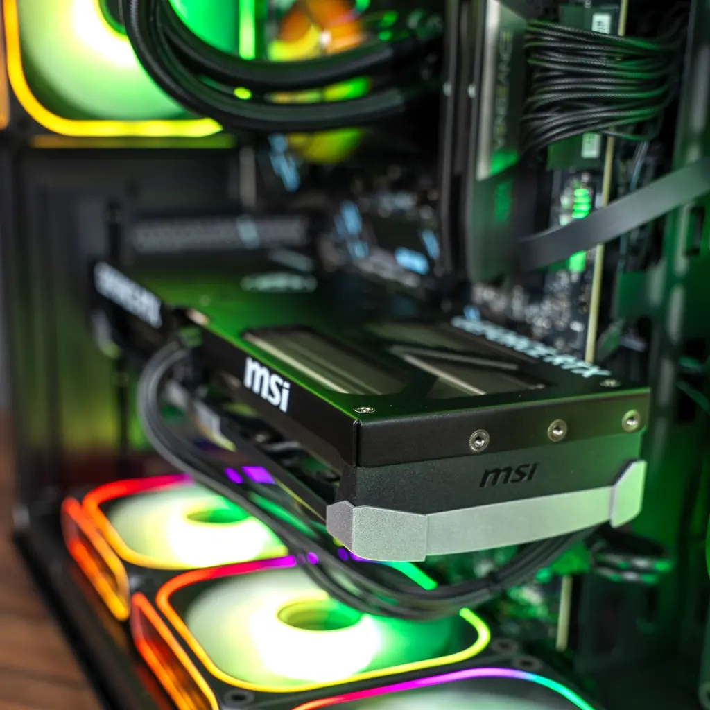 Vue rapprochée du watercooling Arctic Liquid Freezer III à trois ventilateurs ARGB bleus dans le PC gamer Ascent X3D GEFORCE RTX™ 5080