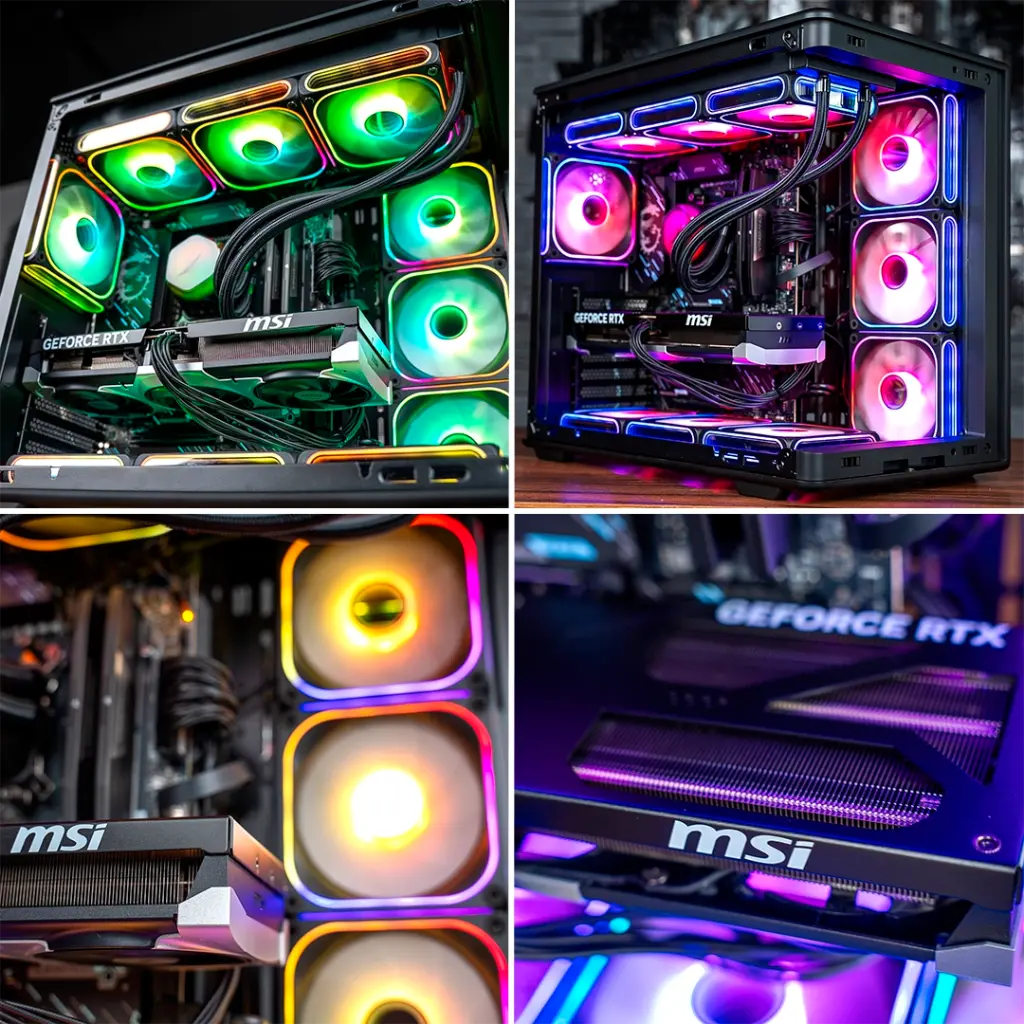 Quatre vues détaillées du PC gamer Ascent X3D montrant le waterblock Arctic Liquid Freezer III, la mémoire RAM Kingston FURY et la carte graphique MSI