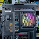 Vue arrière du PC SHADOW montrant l'alimentation, les ports E/S de la carte mère TUF et le ventilateur ARGB.