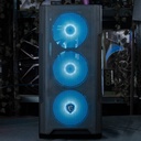 Vue de face du PC Savannah mettant en avant sa façade en mesh noir et ses trois ventilateurs MSI ARGB éclairés en bleu