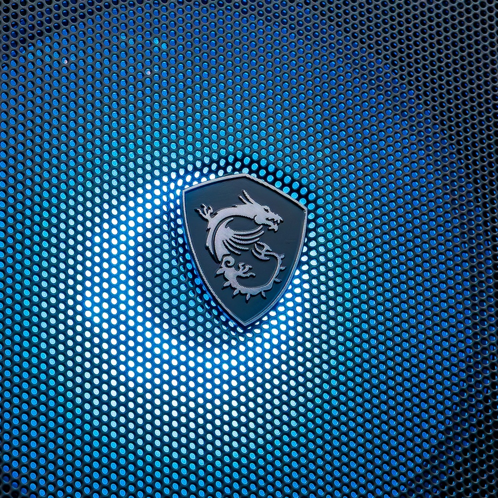 Gros plan sur le logo MSI en forme de dragon, apposé au centre d'un ventilateur de façade éclairé en bleu derrière la grille en mesh du PC gamer Savannah