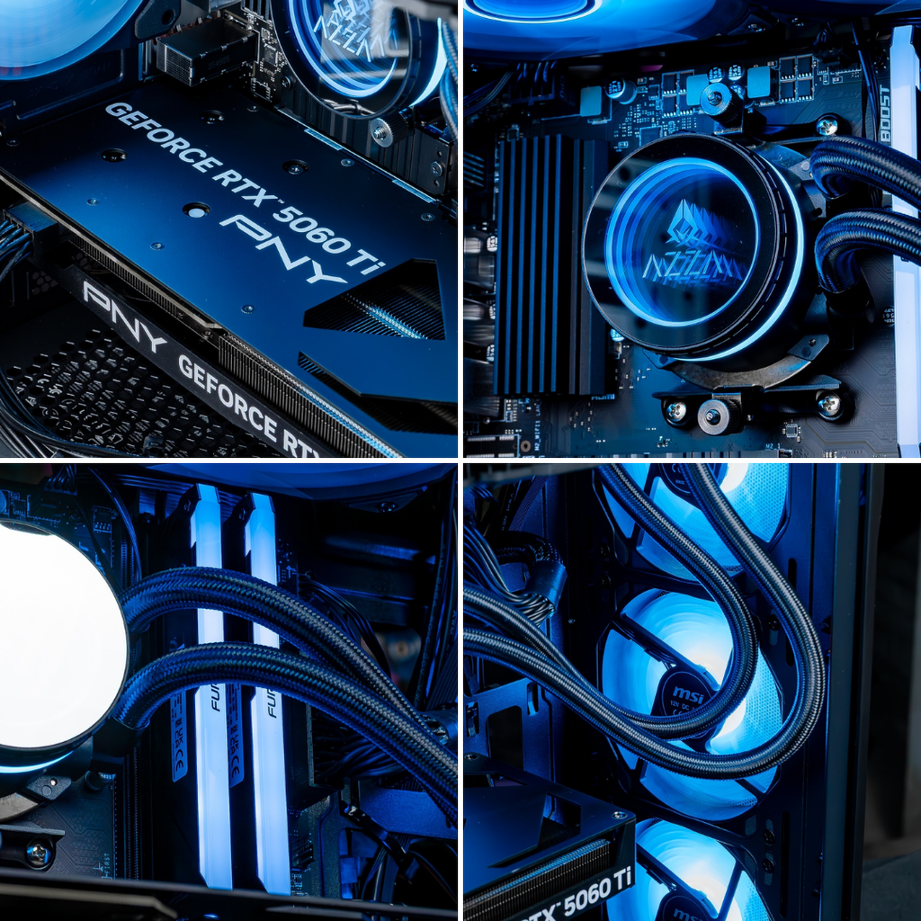 Détails techniques du PC Savannah : carte graphique PNY GeForce RTX 5060 Ti, waterblock AZZA avec éclairage bleu et mémoire vive Kingston FURY RGB