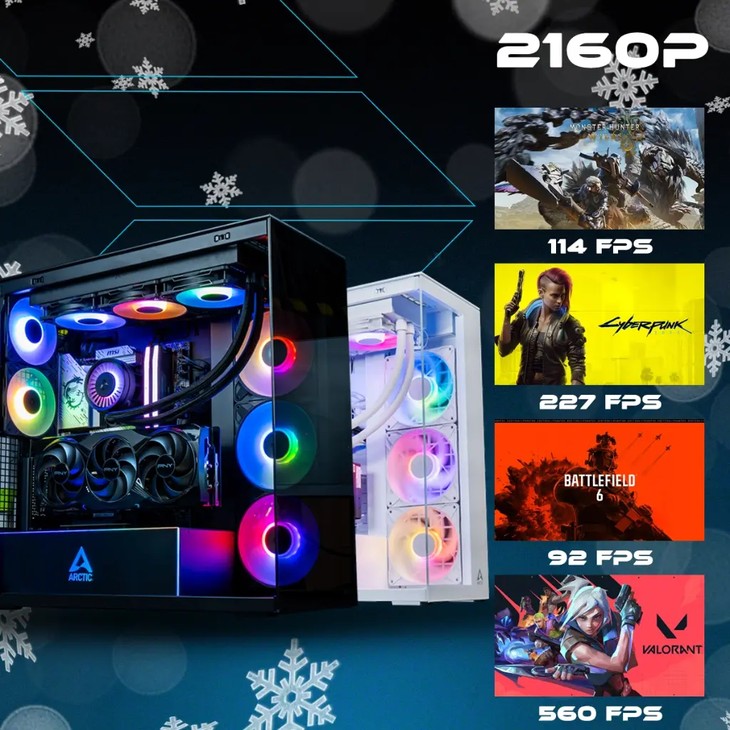 PC gamer Arctic GEFORCE RTX™ 5080 noir et blanc avec boîtier Arctic Xtender, GPU vertical et performances 4K sur des jeux comme Cyberpunk et Valorant