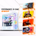 PC gamer Arctic GEFORCE RTX™ 5080 noir et blanc avec boîtier Arctic Xtender, GPU vertical et performances 4K sur des jeux comme Cyberpunk et Valorant