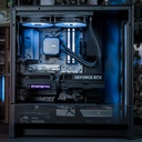 Vue de profil du PC Solana GEFORCE RTX™ 5080 montrant l'agencement interne, le watercooling MSI et la carte graphique Palit GamingPro.