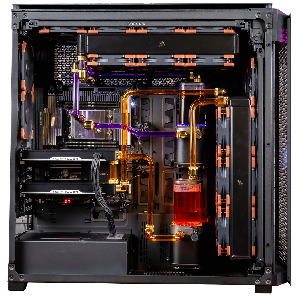 Configuration interne PC TITAN X double RTX 5090 Threadripper 7960X watercooling custom tubes rigides RGB ultra haute performance