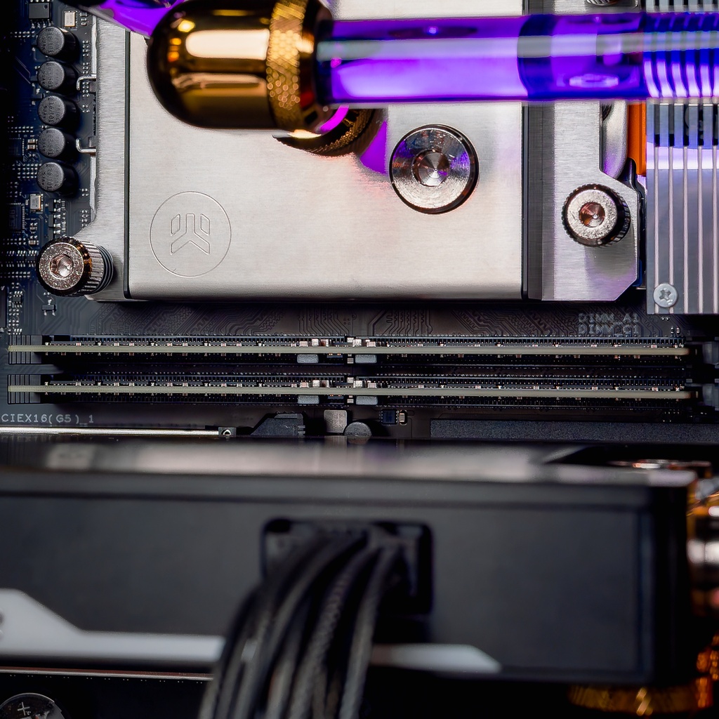 Détail RAM DDR5 et waterblock Threadripper 7960X watercooling custom PC TITAN X double RTX 5090