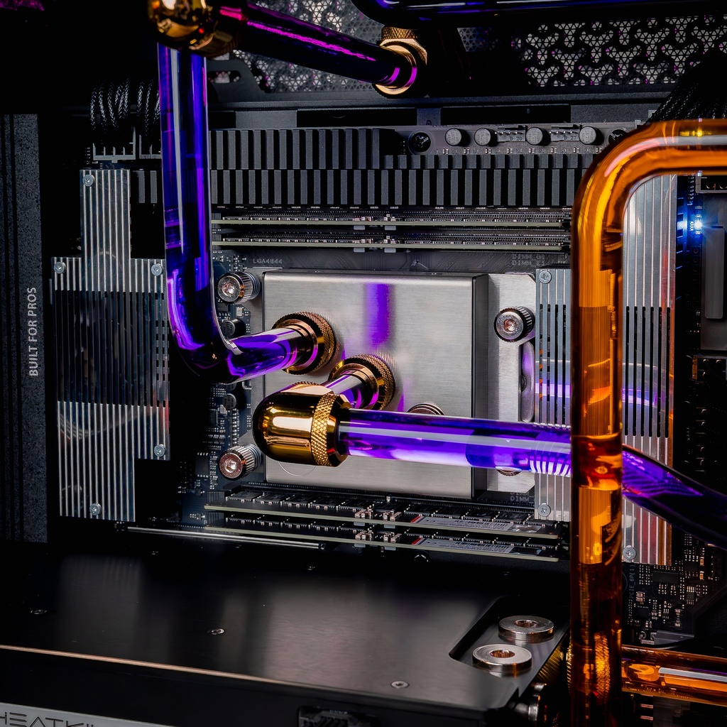 Watercooling custom CPU Threadripper 7960X dans PC TITAN X double RTX 5090 tubes rigides RGB haute performance