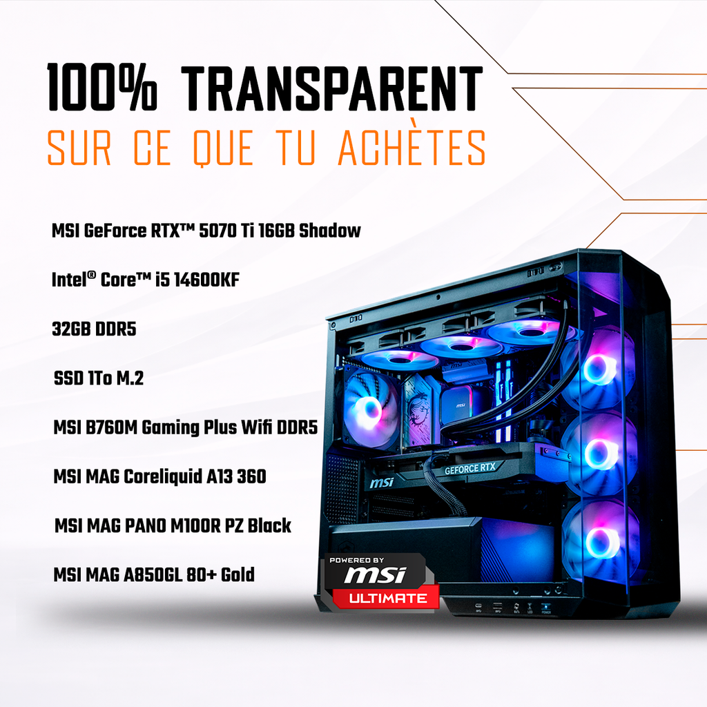 PC gamer Diamant GeForce RTX™ 5070 Ti MSI 16GB Shadow Intel i5 14600KF 32Go DDR5 1To SSD B760M WiFi 1440p 4K gaming puissant