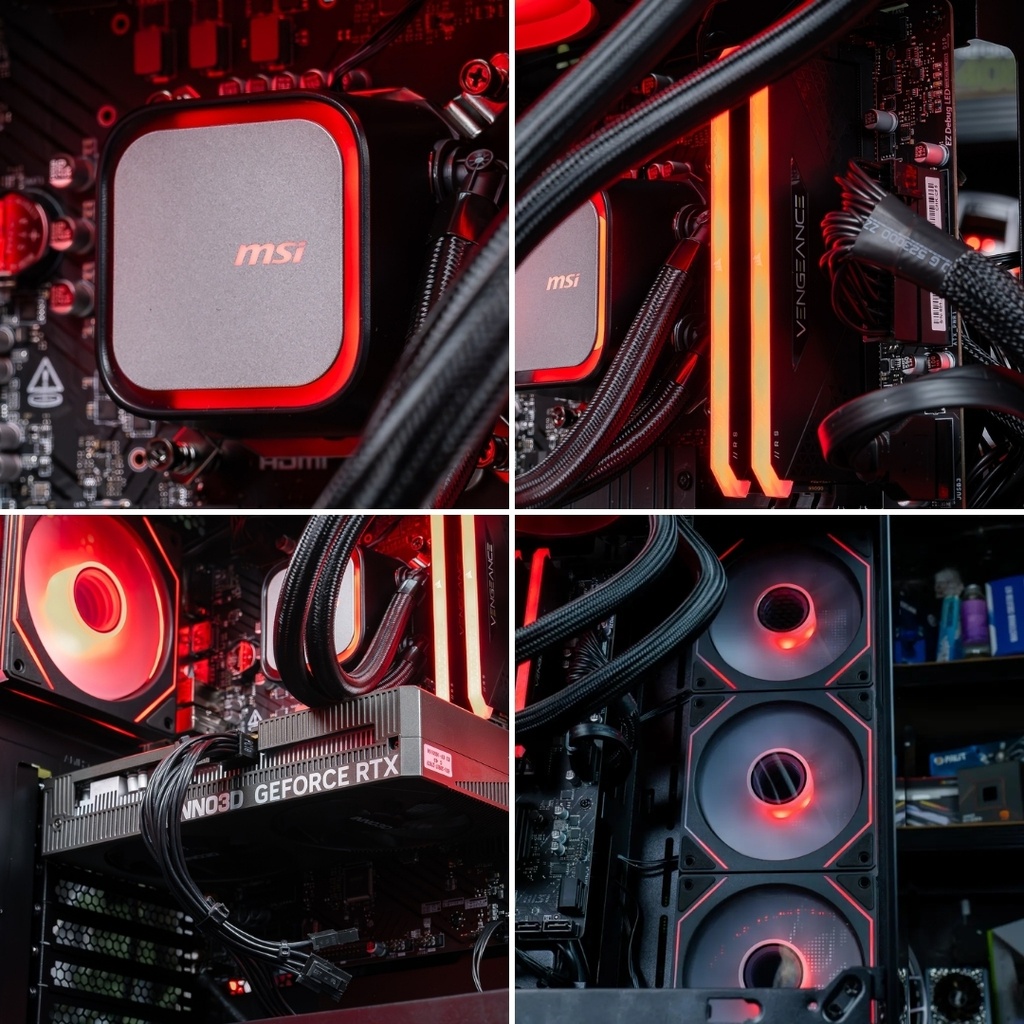 PC gaming haut de gamme MSI avec GeForce RTX, refroidissement RGB rouge, watercooling AIO MSI, RAM Vengeance RGB et ventilateurs ARGB en boîtier airflow