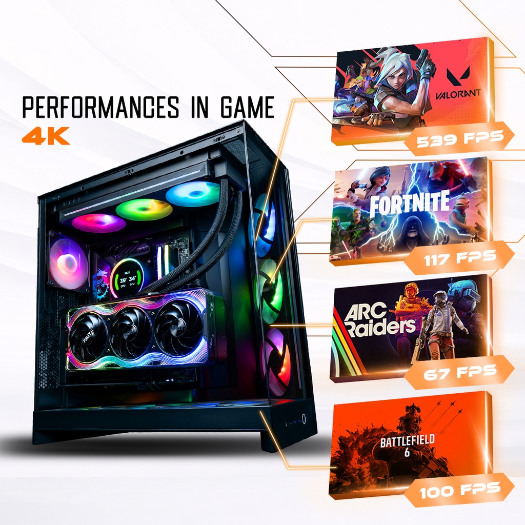 Visuel promotionnel du PC gamer Kraken, voici les performances en 4K : 539 FPS sur Valorant, 117 FPS sur Fortnite, 67 FPS sur ARC Raiders et 100 FPS sur Battlefield 6 🎮