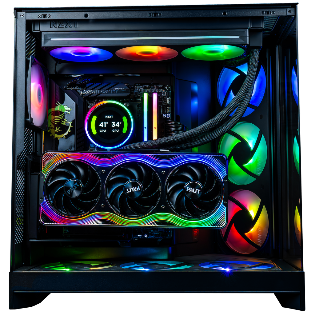 Visuel promotionnel du PC gamer Kraken : un setup ultra haut de gamme équipé d’une RTX 5090, d’un Ryzen 9 9950X3D et d’un watercooling NZXT Kraken Elite 360 RGB, le tout installé dans un NZXT H9 Flow RGB+ pour un airflow optimal et un rendu RGB spectaculaire