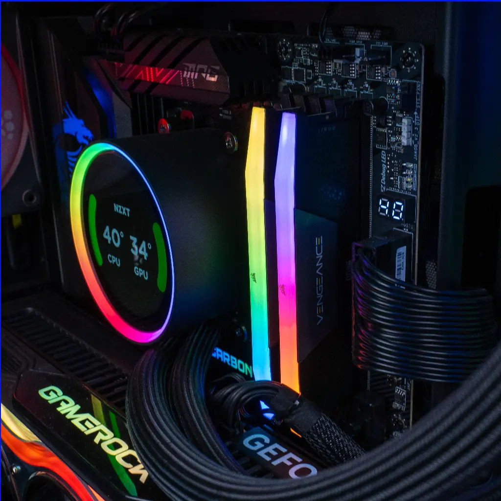 Visuel promotionnel du PC gamer Kraken : mémoire DDR5 RGB haute fréquence, refroidie par NZXT Kraken Elite 360 RGB, combinée à une RTX 5090 et un Ryzen 9 9950X3D pour une stabilité maximale et un style RGB premium