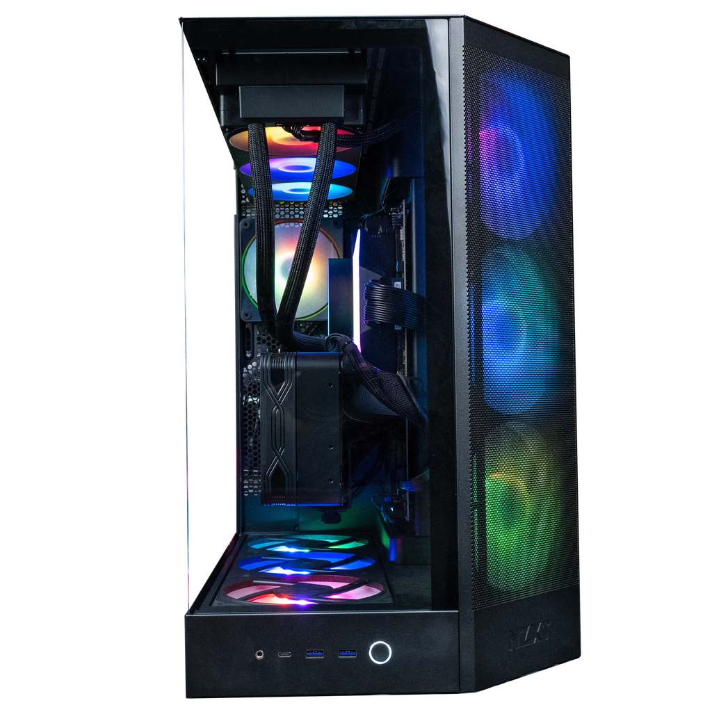 Visuel promotionnel du PC gamer Kraken : boîtier NZXT H9 Flow RGB+ avec panneau en verre trempé et design panoramique, mettant en valeur un setup RGB premium et un airflow optimisé pour des performances haut de gamme