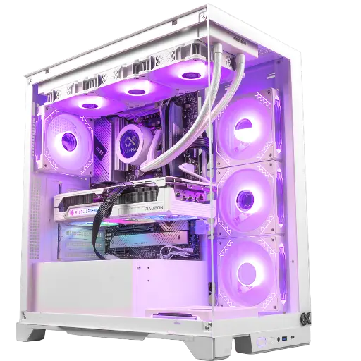 PC gamer blanc Sakura équipé d'une Radeon RX 9070